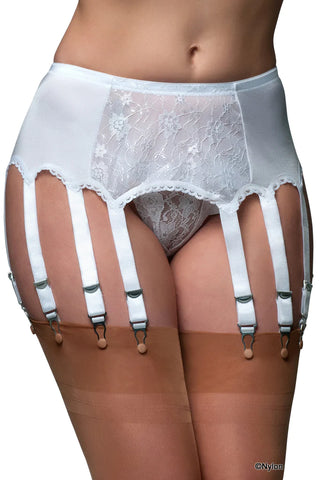 Nylon Dreams 12 Strap Suspender Belt Lace White - Angel Lingerie UK